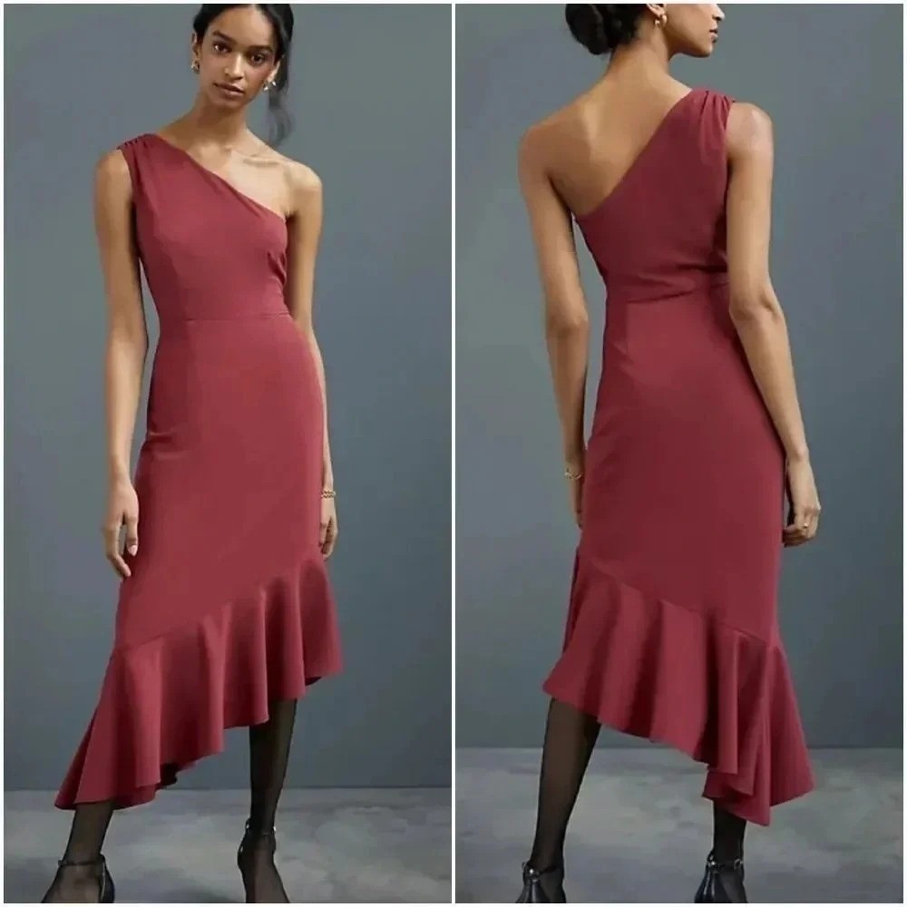 Anthropologie New Hutch Flounced Hem One Shoulder Midi Dress SZ Large Old Money